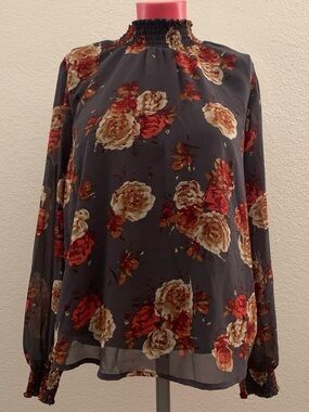 Floral Smocked Mock Neck Long Sleeve Blouse Large